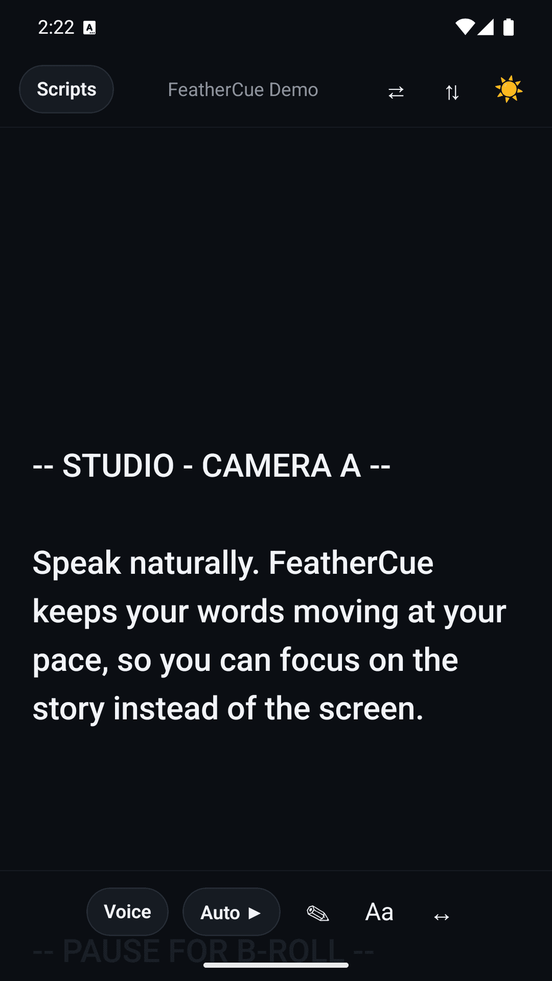 FeatherCue scrolling a script with Auto Scroll, stage direction shown dimmed