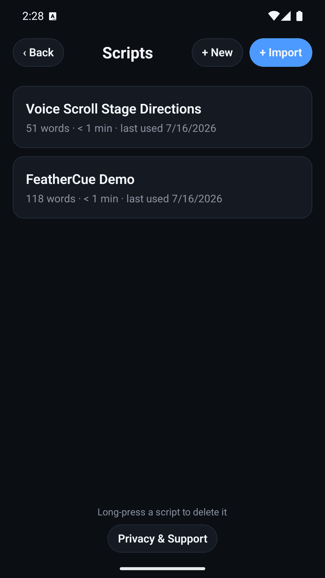 FeatherCue script library listing saved scripts with word counts