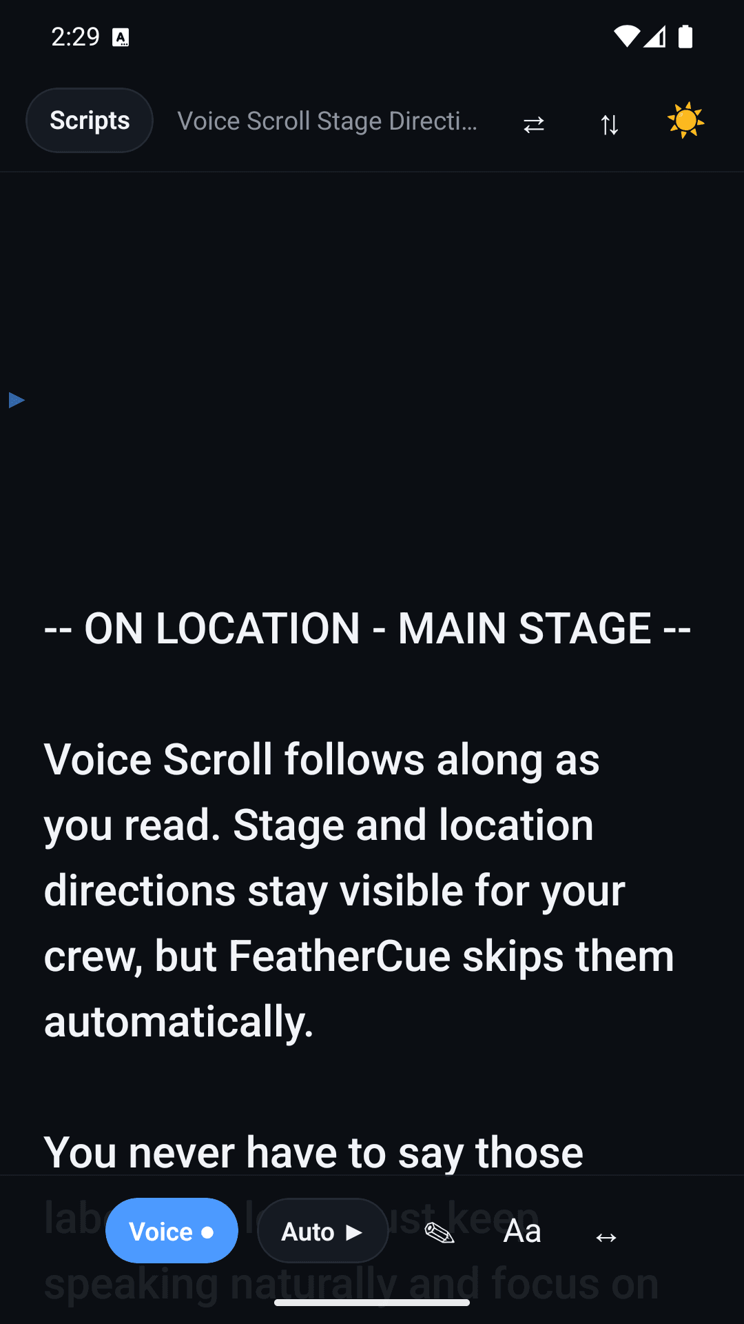 FeatherCue following a reader with Voice Scroll active, current line highlighted