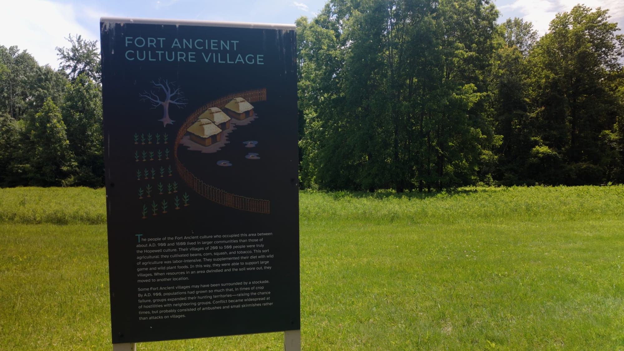 An interpretive sign for the Fort Ancient Culture Village standing in the open meadow inside the earthwork walls