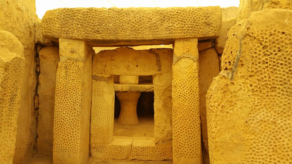 The Mnajdra temple complex, downhill from Ħaġar Qim near the sea
