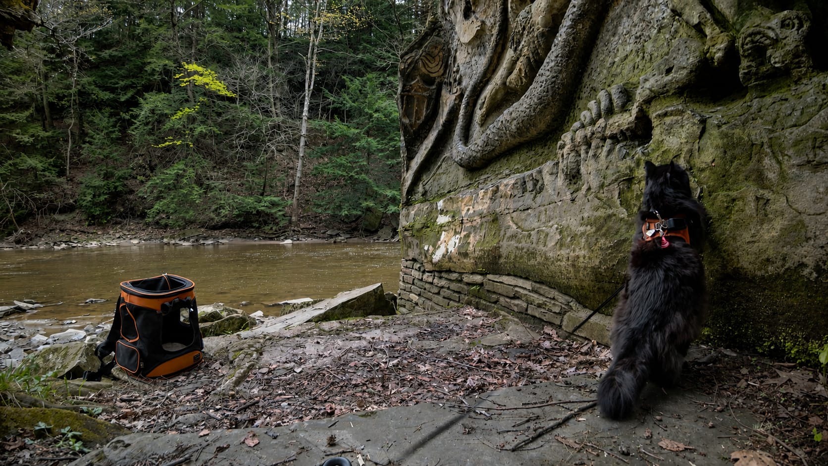 Artemis at the base of the main carved face, giving a sense of the boulder's scale