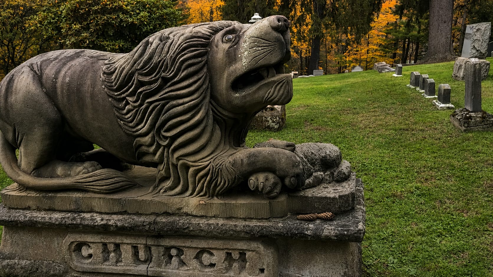 The stone lion Henry Church carved as his own tombstone