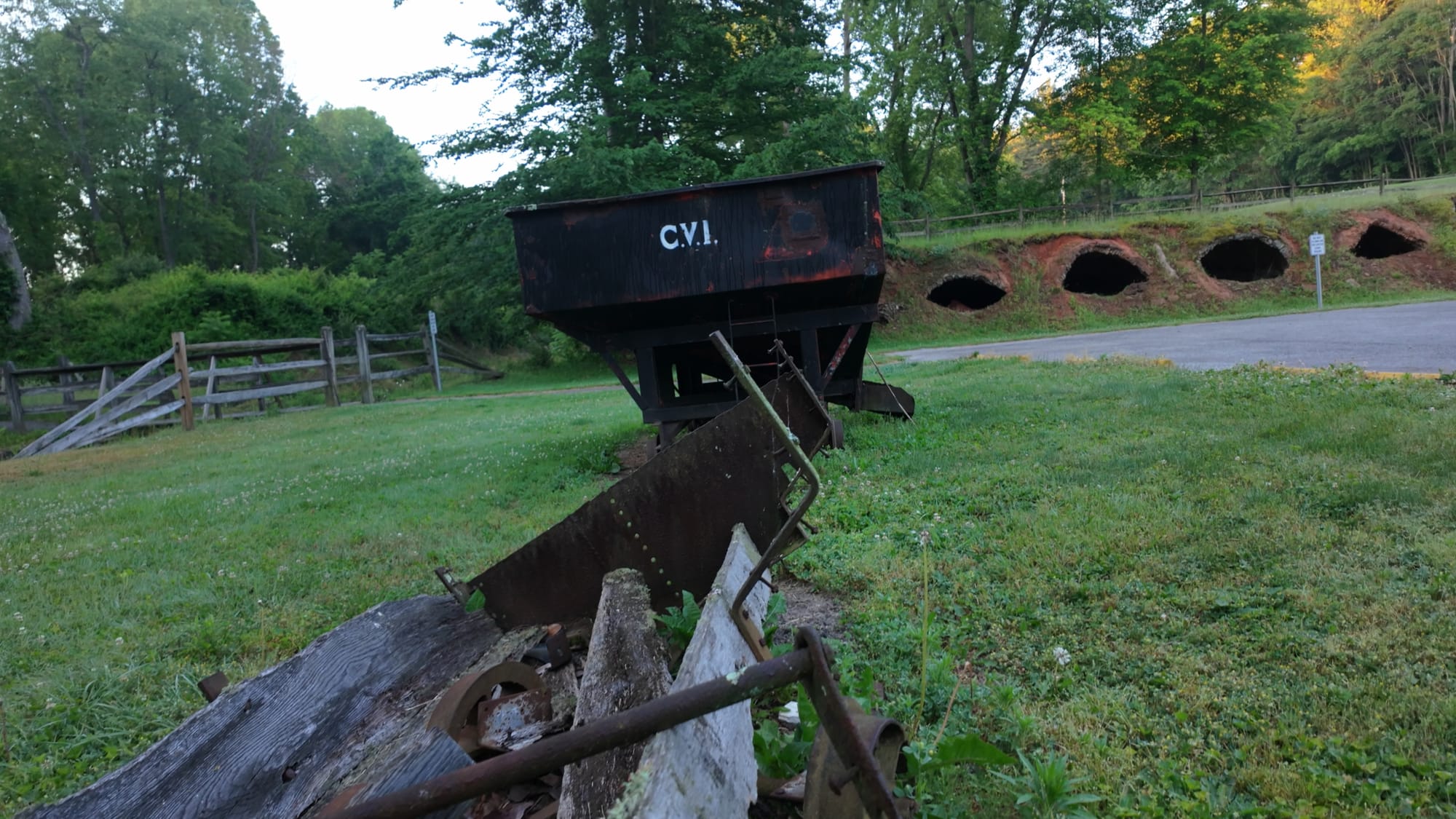 A coal cart on the rail grade above the ovens, the way fuel was moved to the charging holes