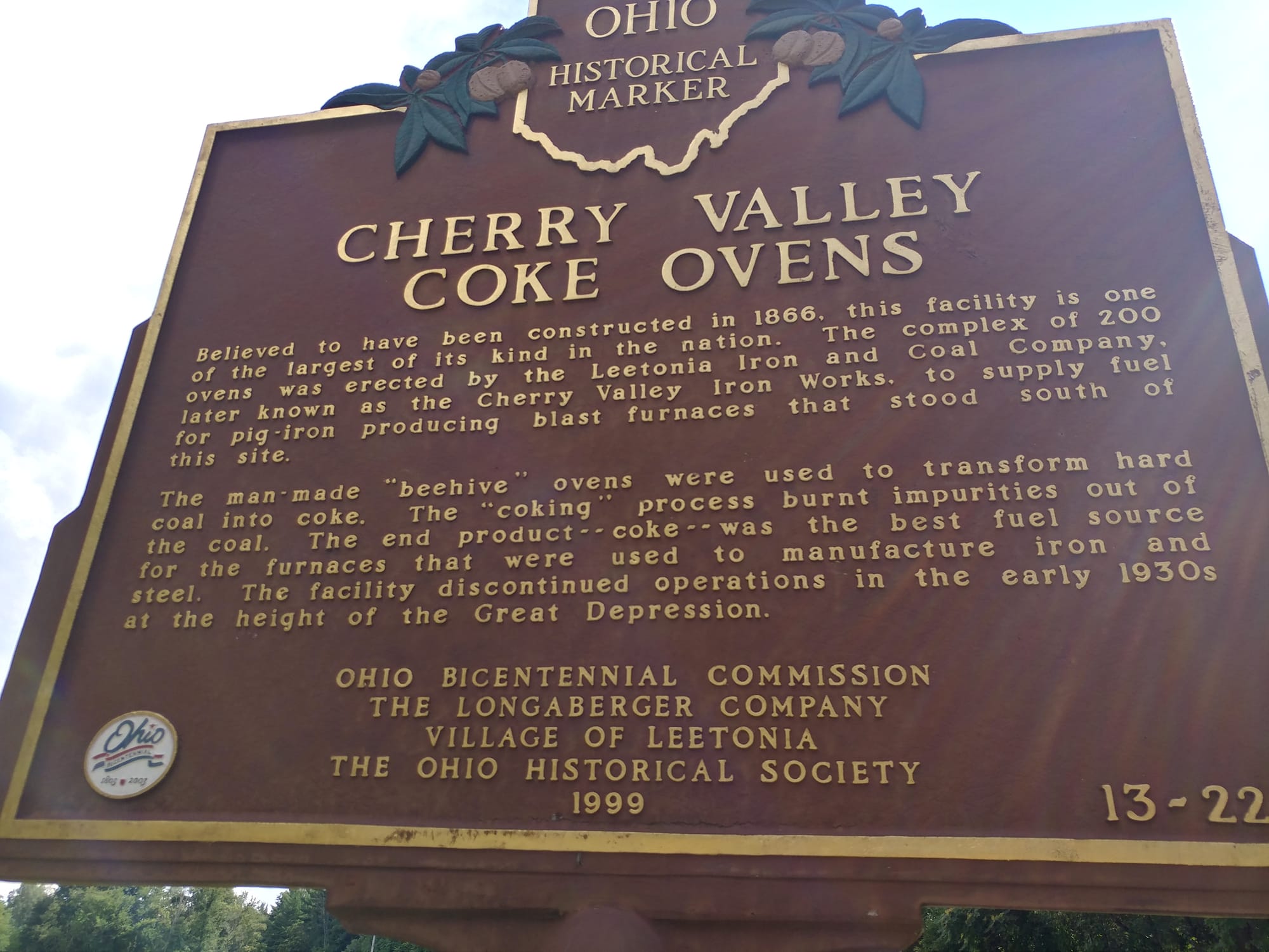 The Ohio Historical Society marker at the Cherry Valley Coke Ovens site
