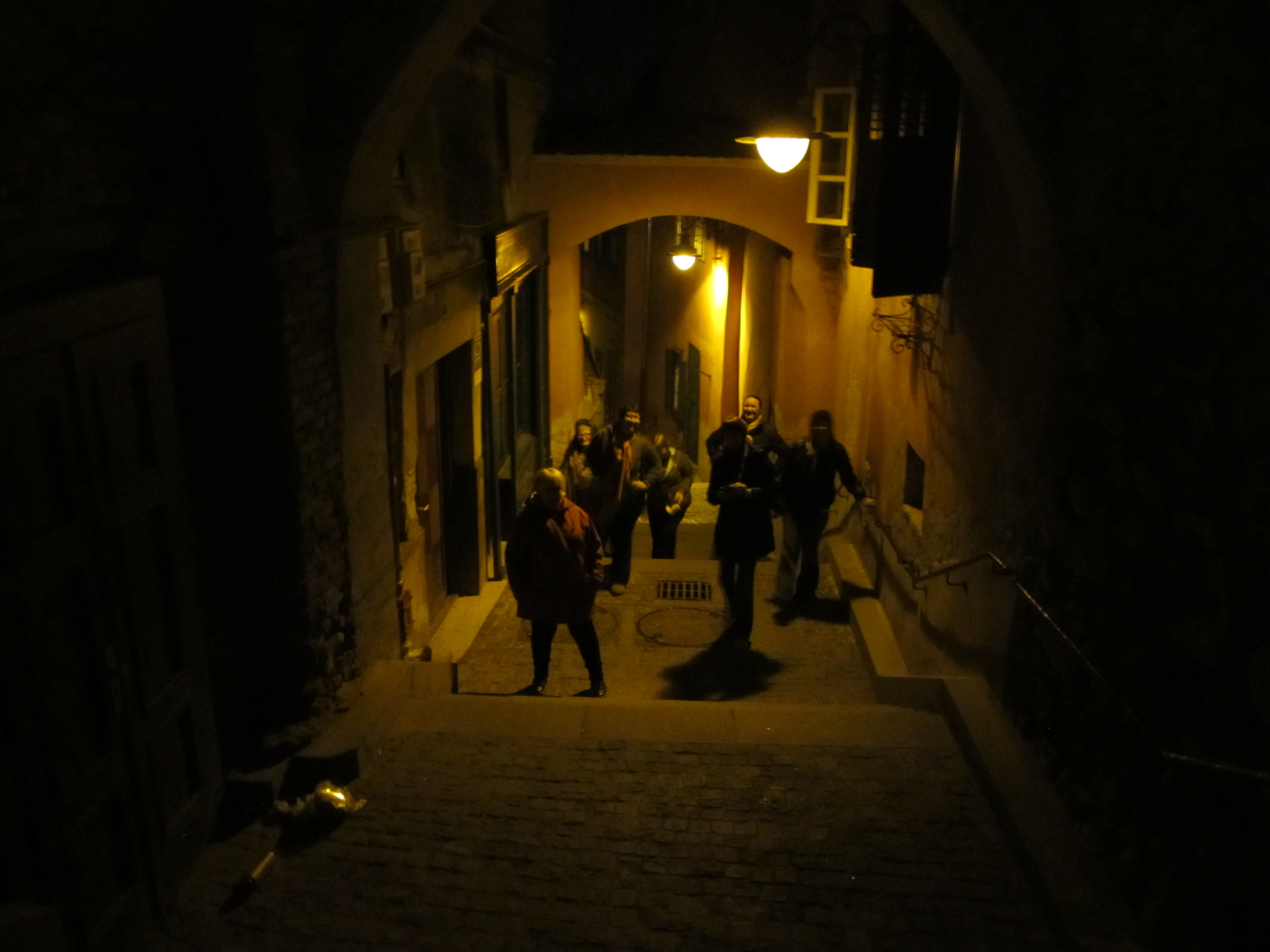 The group navigating Sibiu's medieval alleyways after dark