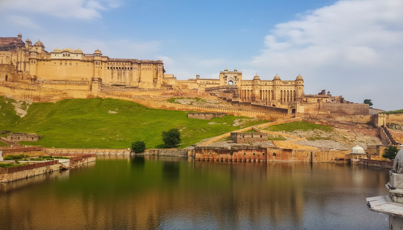 Amber Fort rising above Maota Lake — honey-colored sandstone on a forested hill