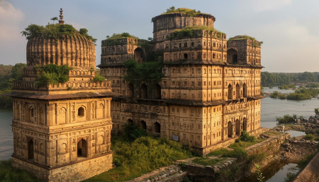 The temples of Orchha — rising in narrow spires above the Betwa River