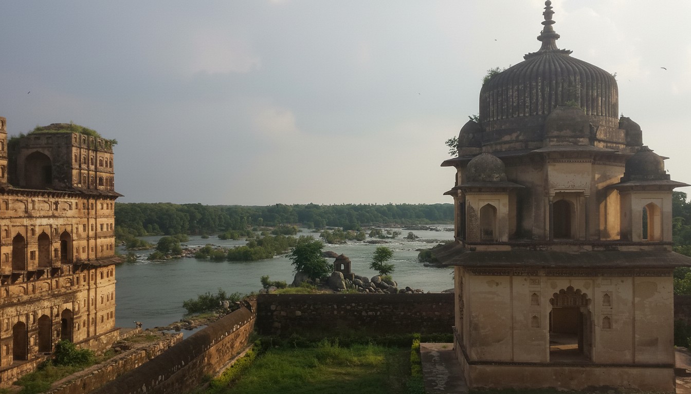 The fort complex at Orchha — palaces left alone when the capital moved, slowly becoming ruins