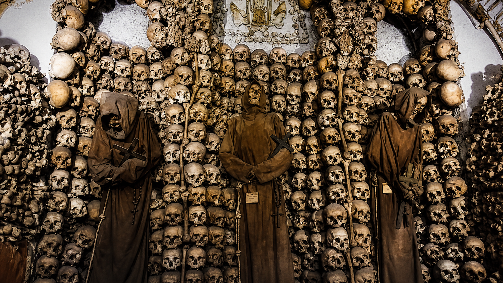 A bone-decorated chapel in the Capuchin Crypt on Via Veneto, Rome