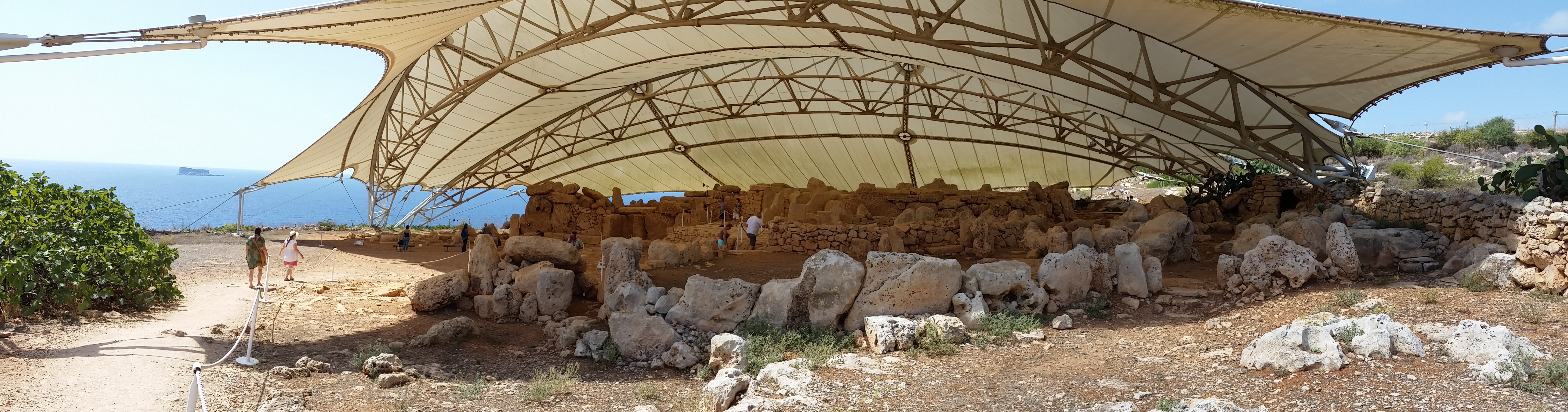 A wide panorama of the Ħaġar Qim temple complex in Malta
