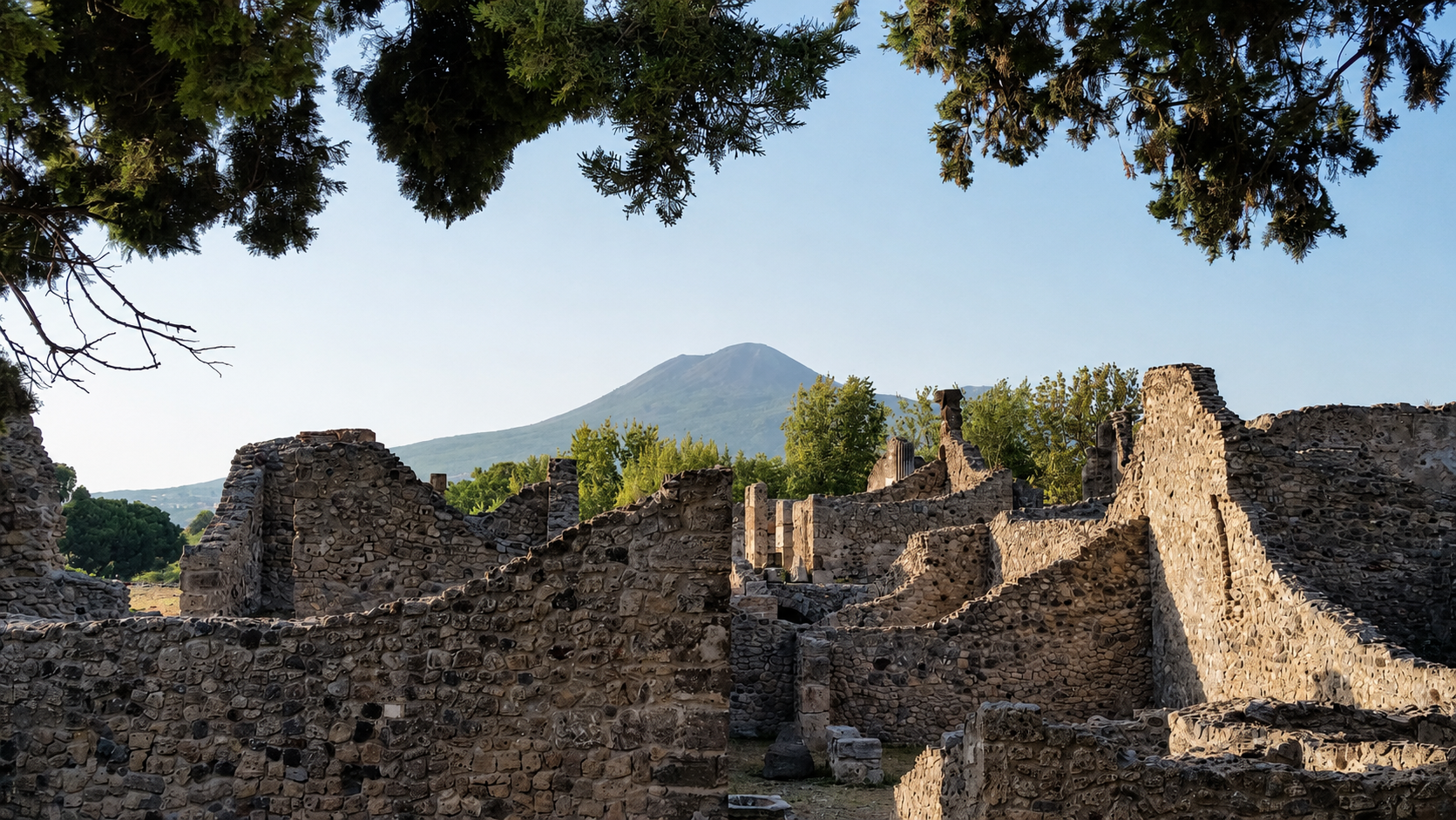 Mount Vesuvius rising behind the ruins of Pompeii