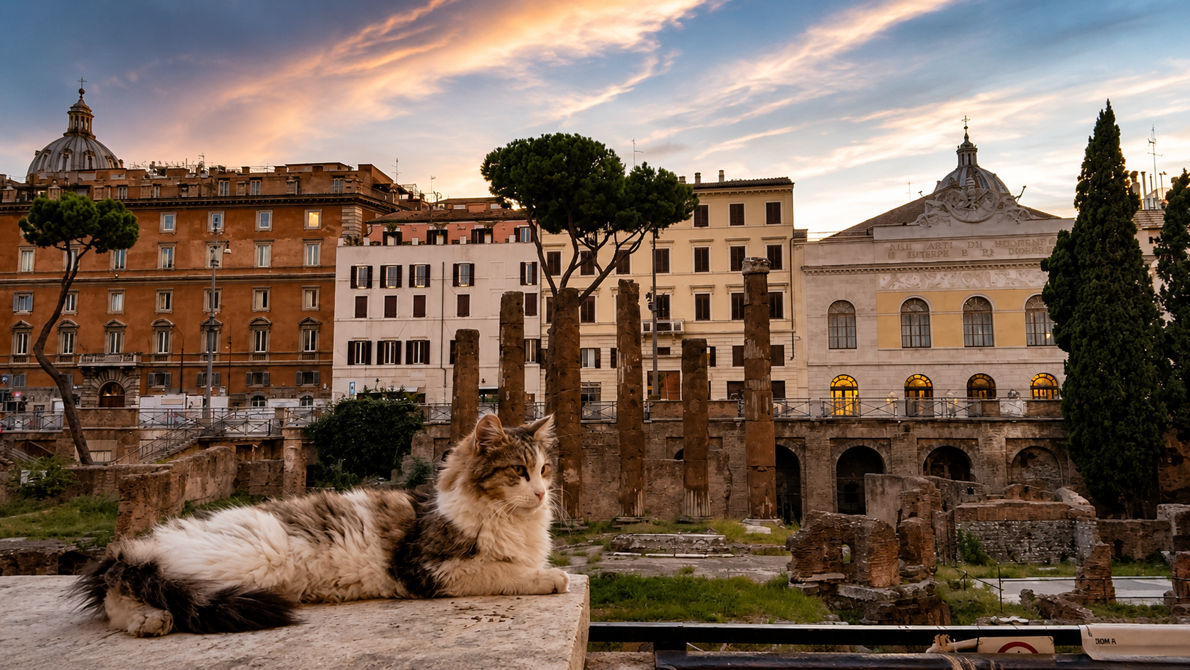 The Republican-era temple ruins of Largo di Torre Argentina at sunset, Rome