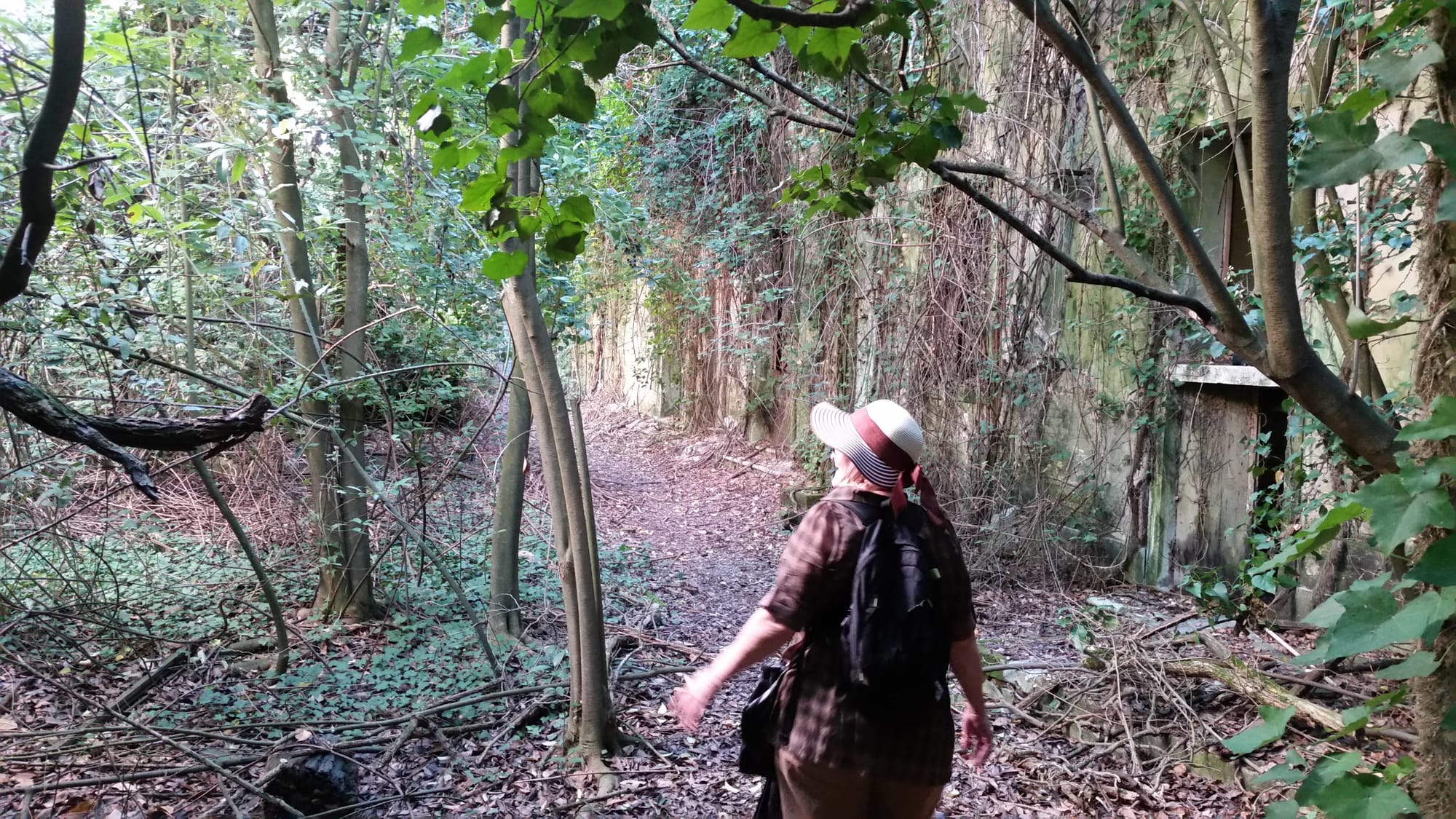 My mom exploring the overgrown ruins on Poveglia