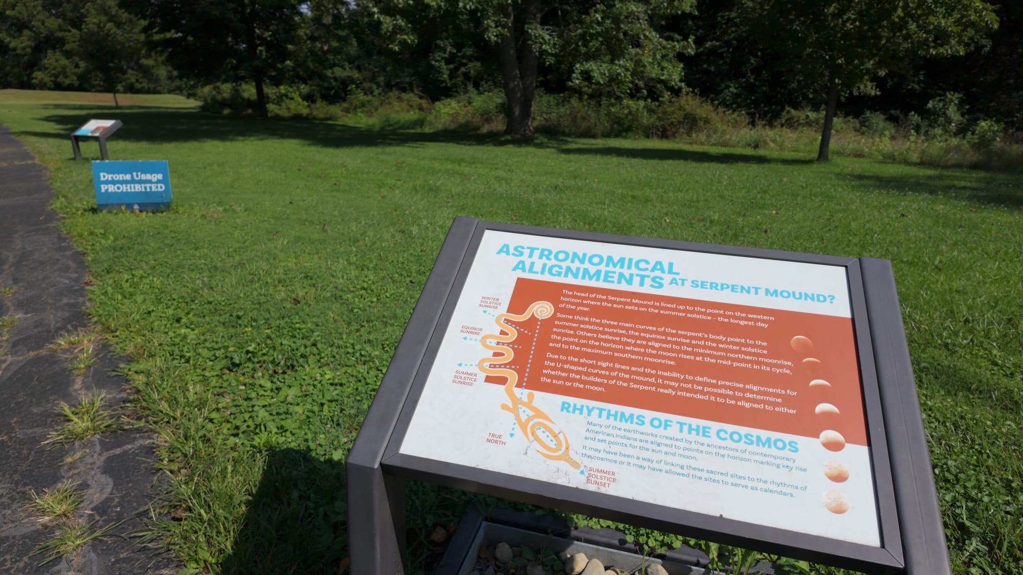 An on-site interpretive sign diagramming the proposed solstice and lunar alignments of the serpent's body