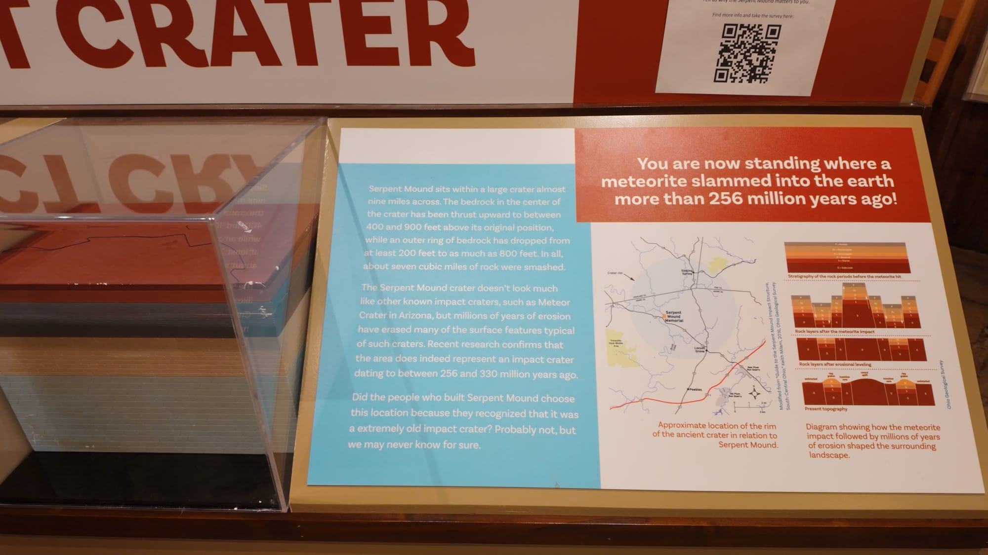A museum exhibit on the Serpent Mound crater, explaining that visitors are standing where a meteorite struck more than 256 million years ago