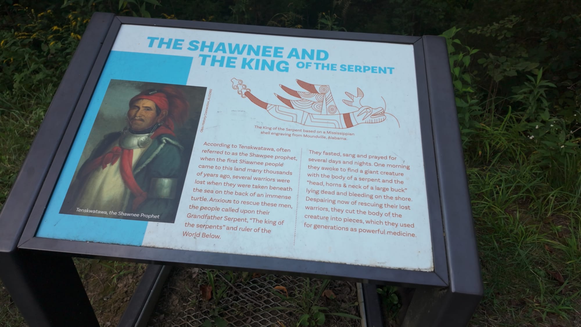 An on-site sign recounting the Shawnee story of Grandfather Serpent, 