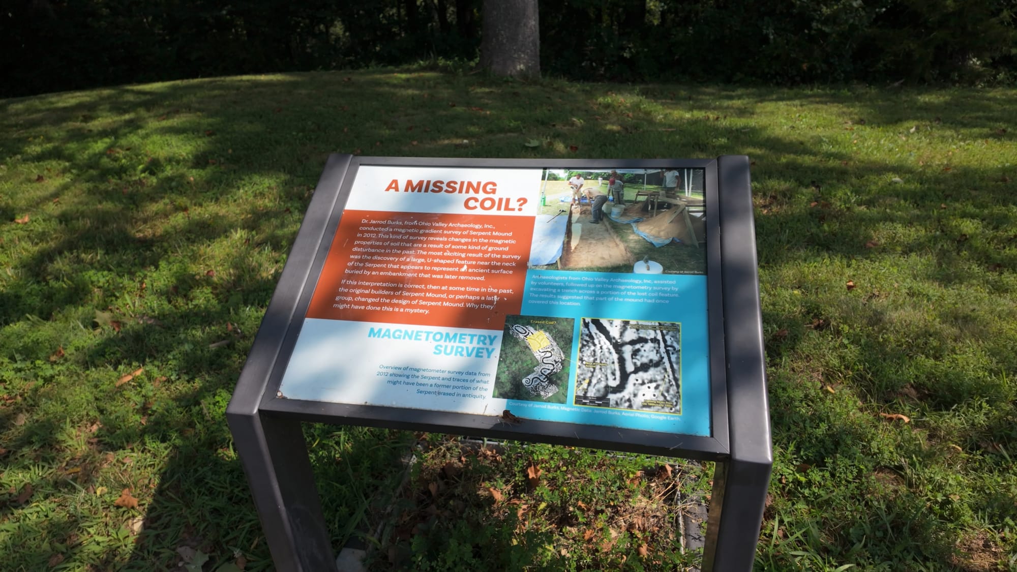 A trailside exhibit on the 2012 magnetometry survey that turned up evidence of a missing coil once erased from the serpent's body