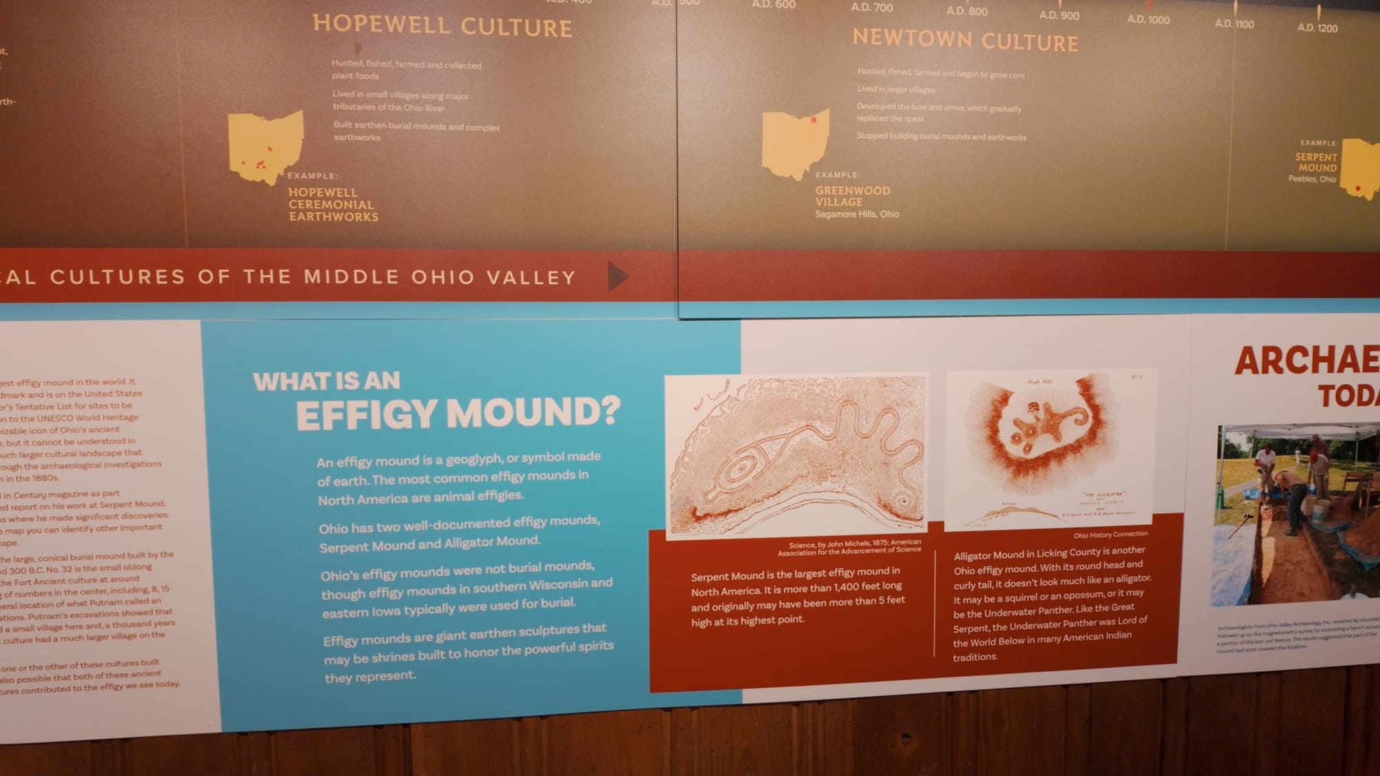A museum panel explaining what an effigy mound is, and noting Serpent Mound as the largest one in North America